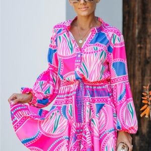 Lavender J Small Bright Pink Printed Long-Sleeve Dress with Tie Waist